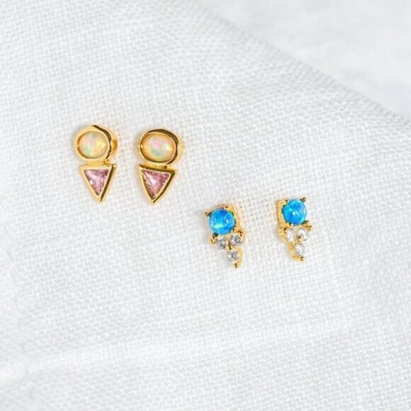 Tiny Stud Earrings Opal and Pink CZ Triangle Opal & Crystal Dainty Studs PRETTY - Picture 11 of 12